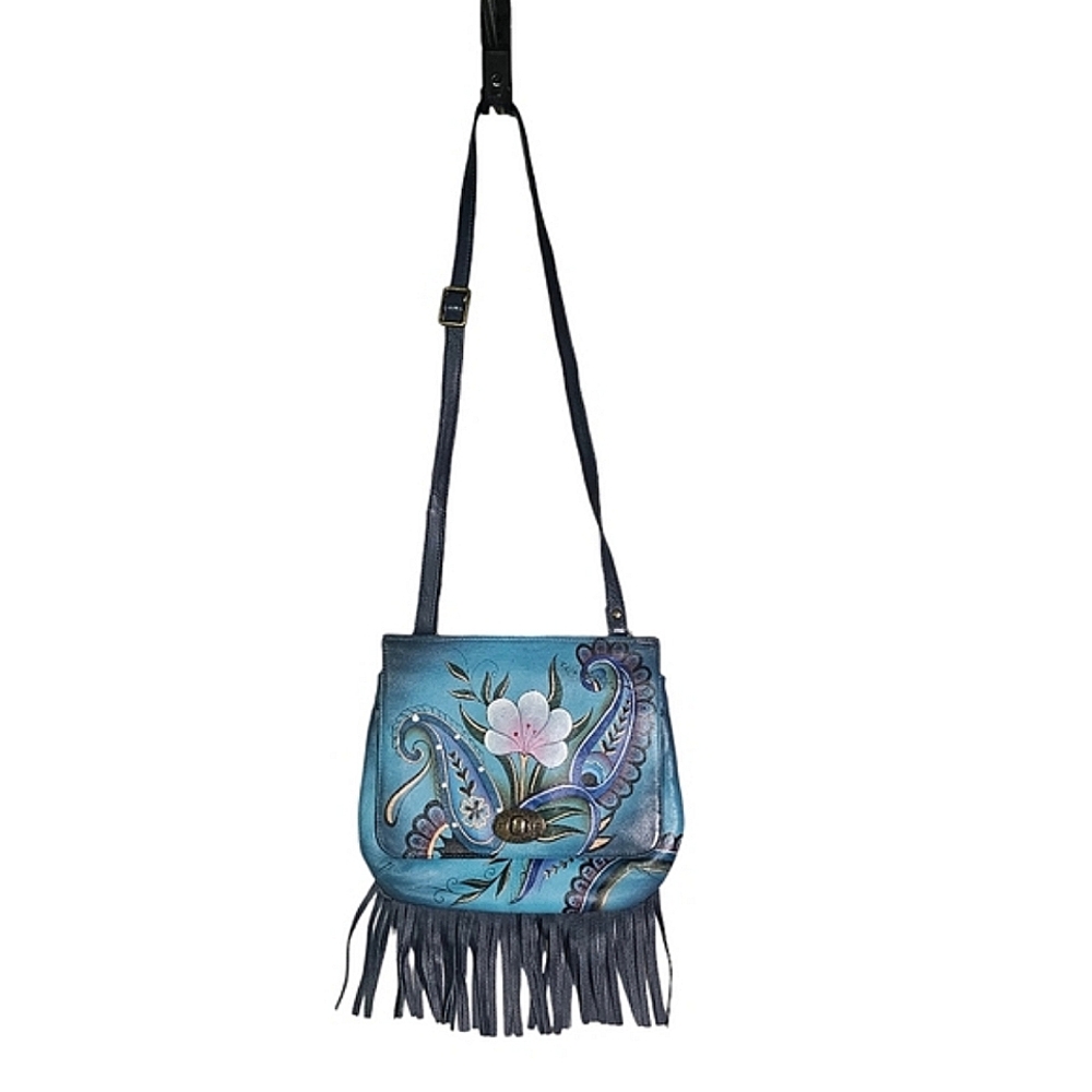 Anuschka Purse Leather Hand Painted Denim Paisley Floral Crossbody Flap …